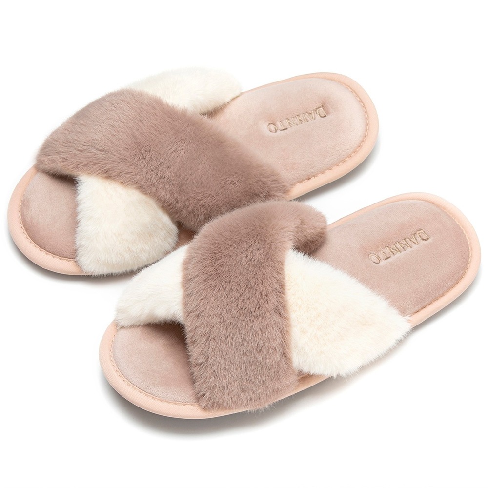 Dannto Women's White&Khaki US 9-10 Slippers Cross Band Soft Plush Furry Open